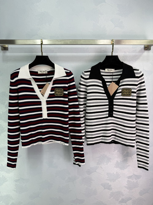 Miu Miu Contrast Striped Knitted Long-Sleeve Top with Logo Accent