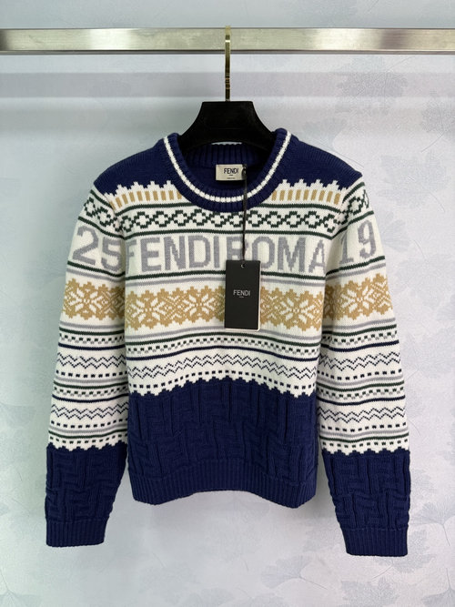 Fendi Blue and White Fair Isle Pattern Knit Sweater with Gold Letters