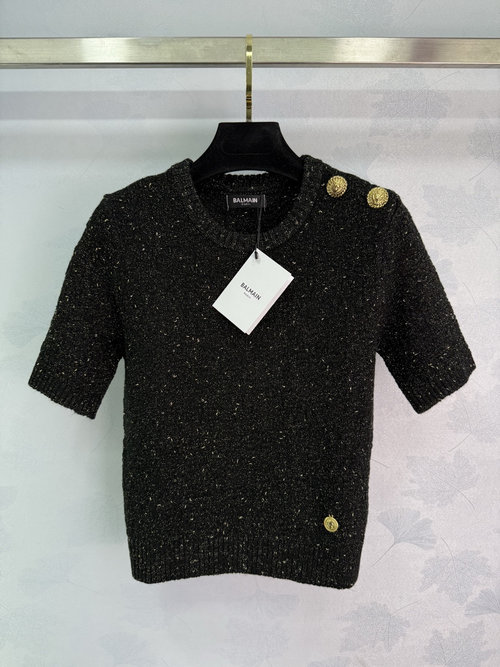 Balmain Elastic Knit Round-Neck Short-Sleeve Top with Vertical Ribs and Gold Threads