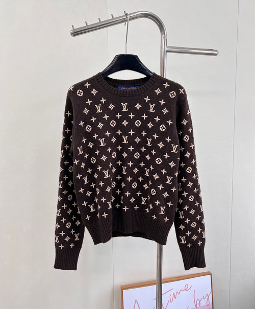 Louis Vuitton Classic Monogram Embroidered Knit Sweater with Round Neck