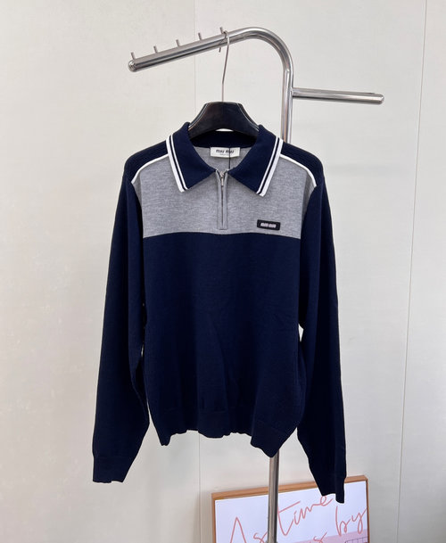 Miu Miu Custom Wool Knit Long-Sleeve with Letter Patch and Collar for Classic Look