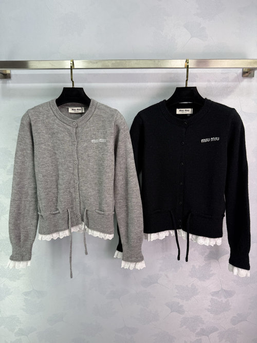 Miu Miu Lace Trim Knit Cardigan with Classic Logo Design