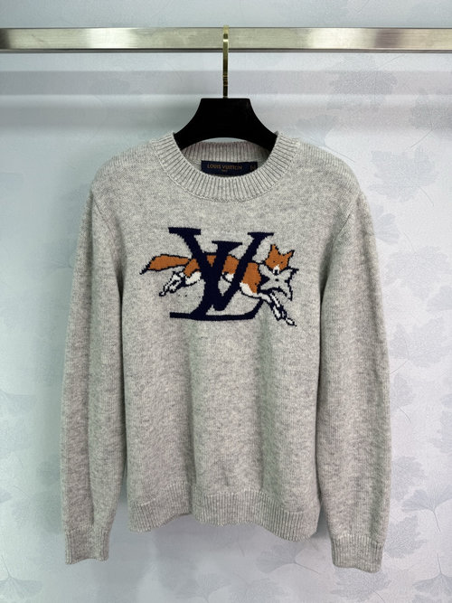 Louis Vuitton Fox Embroidery Long Sleeve Pullover Sweater with Soft Wool Blend