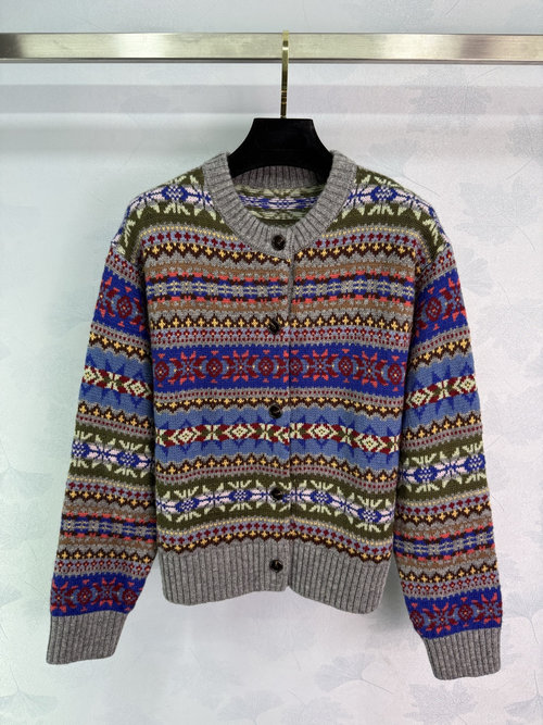 Miu Miu Fair Isle Wool Cardigan with Multi - Color Jacquard Pattern