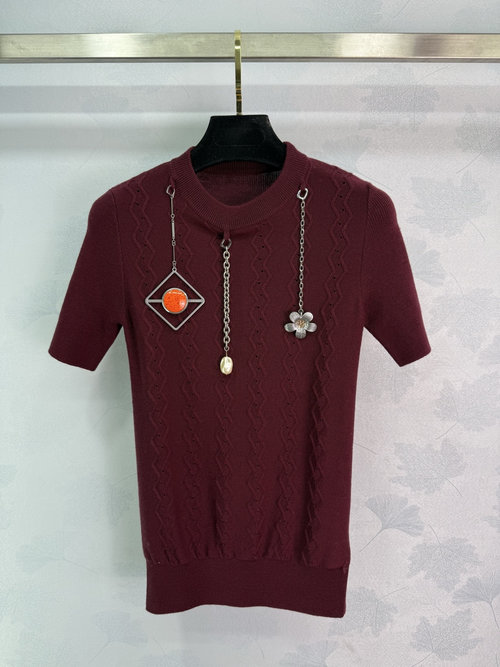 Prada Orange Gem and Flower Pendant Knit Short Sleeve Top