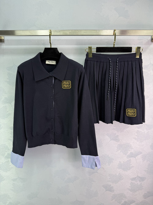 Miu Miu Gold Thread Logo Knit Collar Cardigan and Pleated Skirt Ensemble