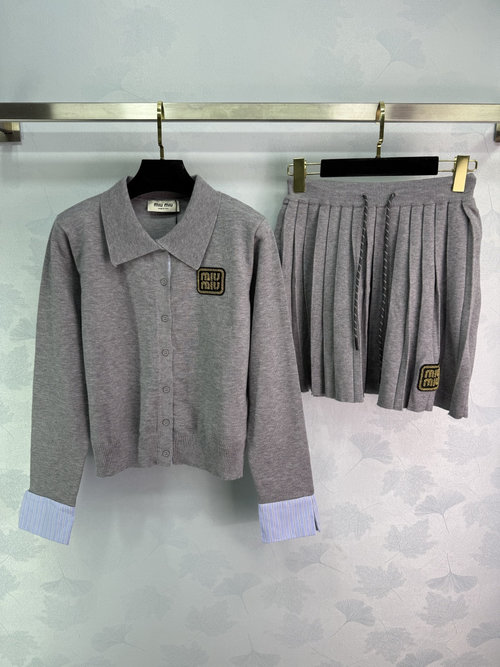 Miu Miu Gold Thread Logo Knit Outfit with Collar Cardigan and Pleated Skirt