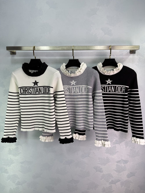 Dior Striped Knit Sweater with Star Logo and Ruffled Collar