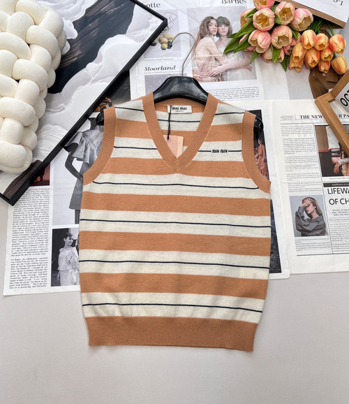 Miu Miu Contrast Stripe V-Neck Knitted Vest with Artistic Elements