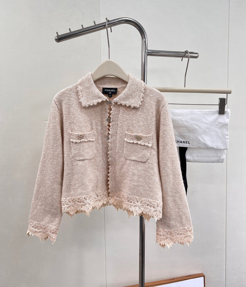 Chanel Embroidered Lace Knit Cardigan with Rhinestone Buttons, Elegant and Vintage Style