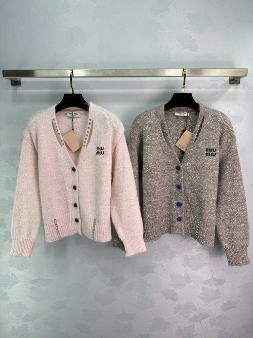 Miu Miu V - Neck Knit Cardigan with Rhinestone Collar and Logo Embroidery