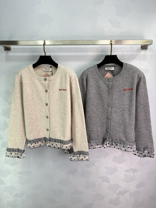 Miu Miu Polka Dot Lace Patchwork Knitted Cardigan for Elegance