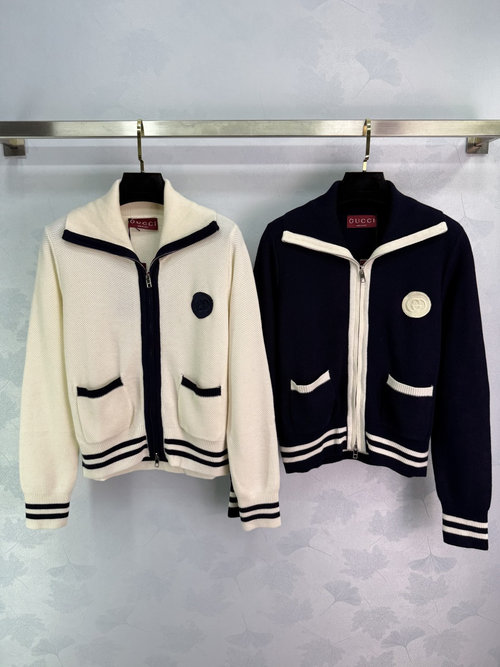 Gucci Double Zipper Knit Cardigan with Logo Embroidery and Striped Trim