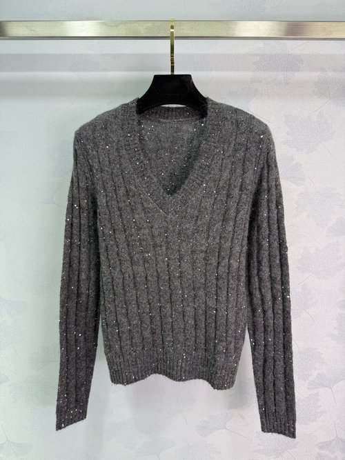Brunello Cucinelli V-Neck Long Sleeve Knit with Twist Hook and Sequins