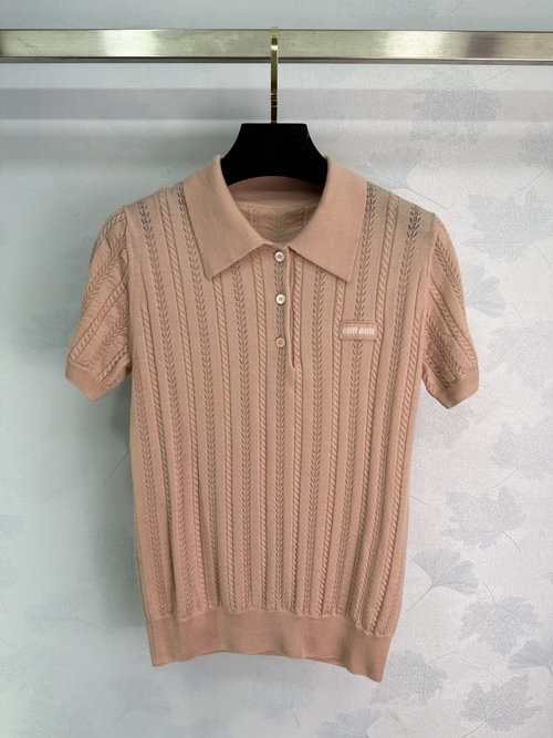 Miu Miu Elegant Crochet Knit Short-Sleeve Top with Hollow Pattern