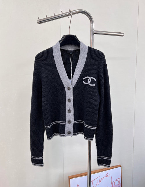 Chanel Color-block V-neck Cardigan with Double C Logo, Classic and Sophisticated