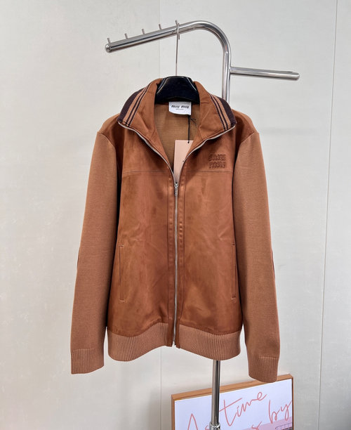 Miu Miu Soft Suede Zipper Jacket with Logo, Collar and Pockets