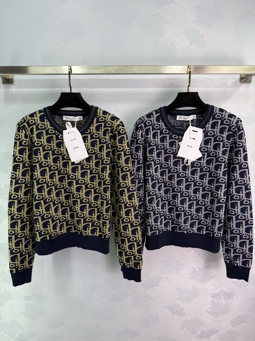 Dior Monogram Knit Long-Sleeve Sweater with Colorful Trimmed Edges
