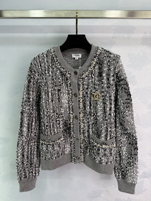 Chanel Round-Neck Knit Cardigan with Gold Buttons and Pearl Chain, Graceful Style