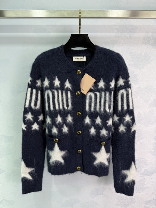 Miu Miu Round Neck Knitted Cardigan with Star Pattern and Golden Buttons, Fashionable Look