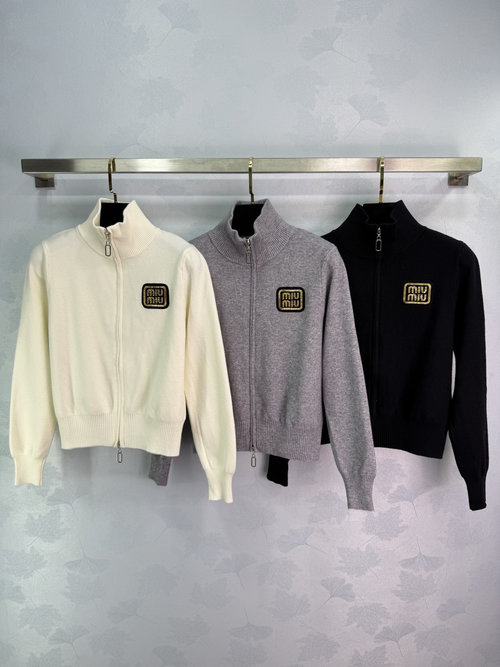 Miu Miu Zip-Up Knit Cardigan with Gold Logo Embroidery Accent
