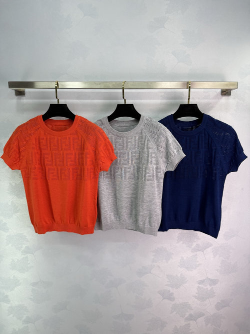 Fendi FF Letter Cut-Out Knit Top in Three Color Options: Orange Red, Gray, Navy Blue