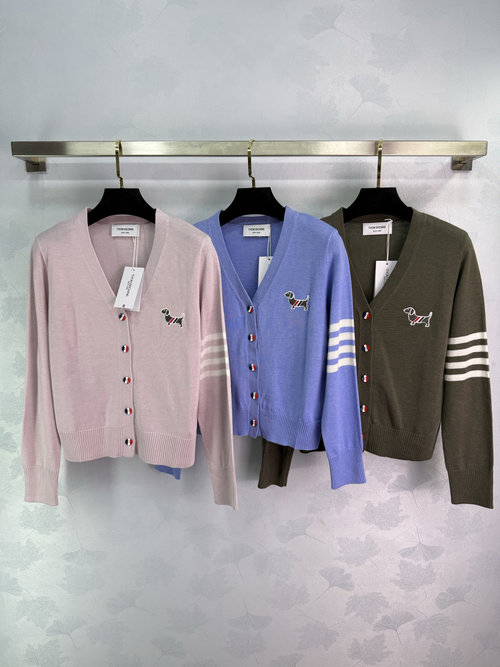 Thom Browne V-neck Dog-Embroidered Knitted Cardigan with Striped Sleeve Details