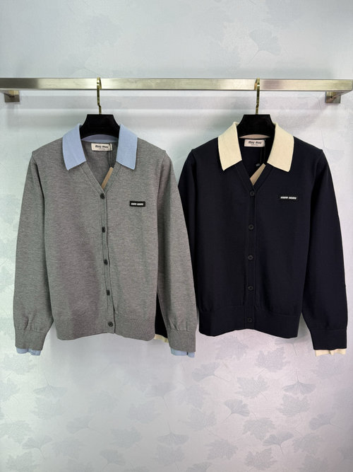 Miu Miu Collared Knit Top with Logo Decoration, Comfortable and Graceful