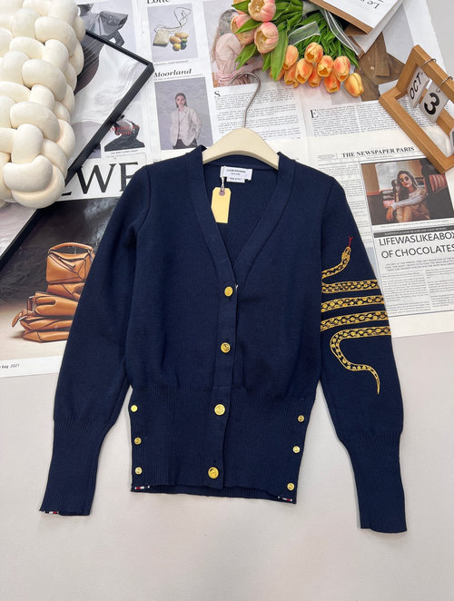 Thom Browne Breathable Knit V-Neck Cardigan with Gold Hardware