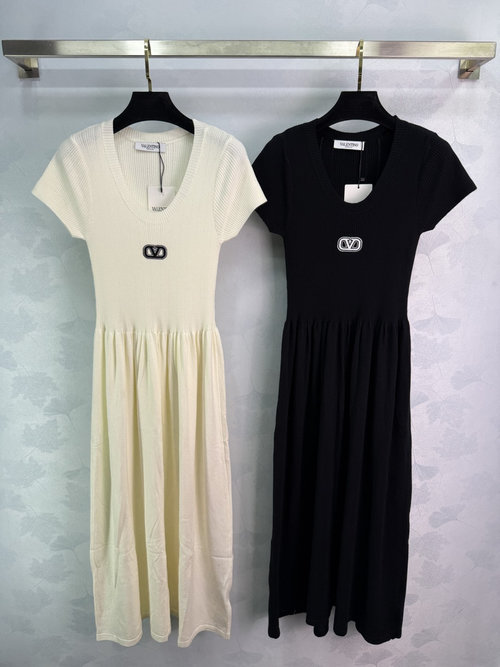 Valentino Knitted Spliced Short Sleeve Long Dress with Logo Embroidery, Graceful and Sophisticated
