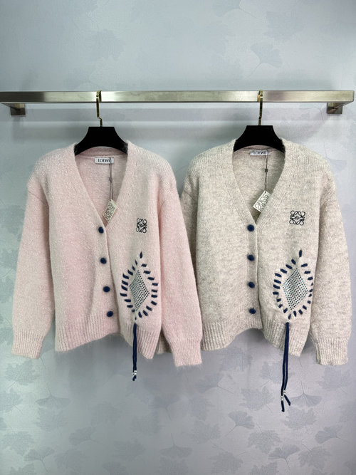 Loewe V-neck Knitted Cardigan with Logo Embroidery and Blue Buttons