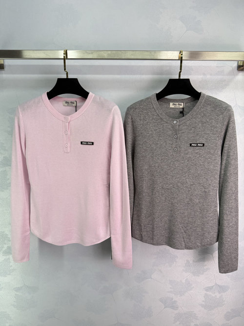 Miu Miu Semi-Open Collar Long-Sleeve Top with Single Side Logo