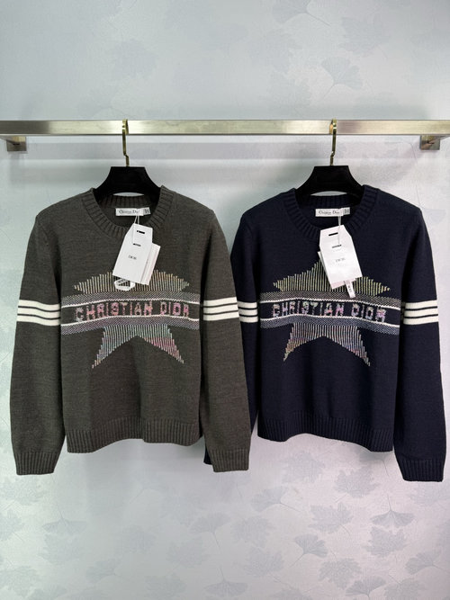 Dior Color Block Logo Round Neck Knitted Top with Gradient Star Embroidery