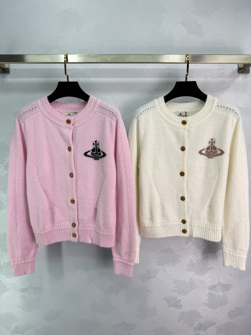 Vivienne Westhood Round Neck Knitted Cardigan with Classic Saturn Embroidery, Soft Wool Material