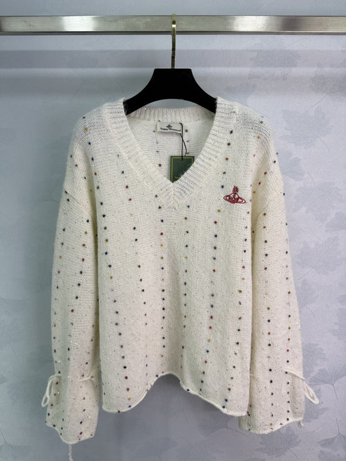Vivienne Westhood V-Neck Long-Sleeve Sweater with Color Dots and Lace Cuffs