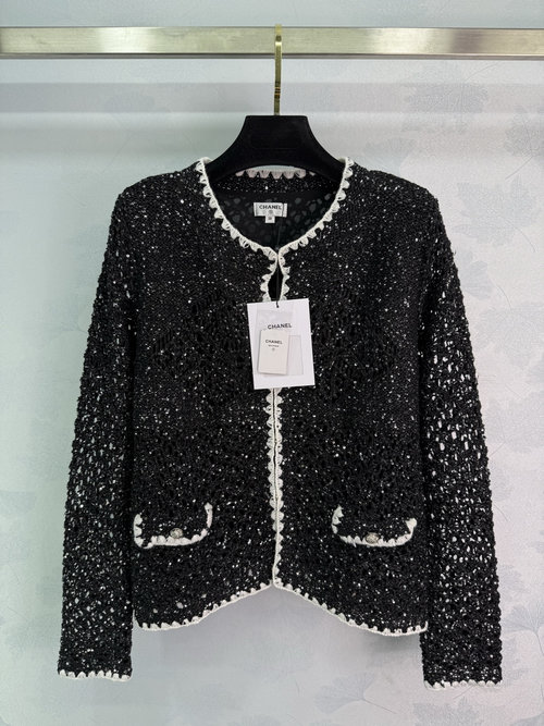 Chanel Black Sequin Knit Cardigan with Double C Logo and Lace Trim