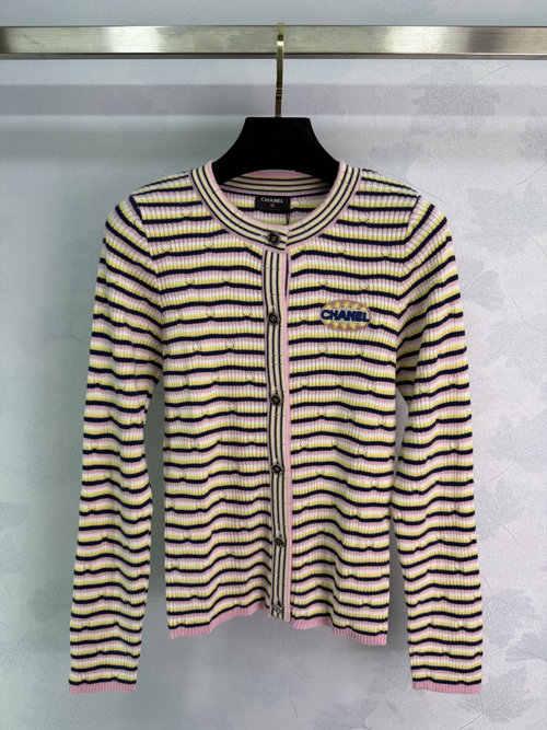 Chanel Striped Knitted Cardigan with Logo Embroidery, Soft and Comfortable