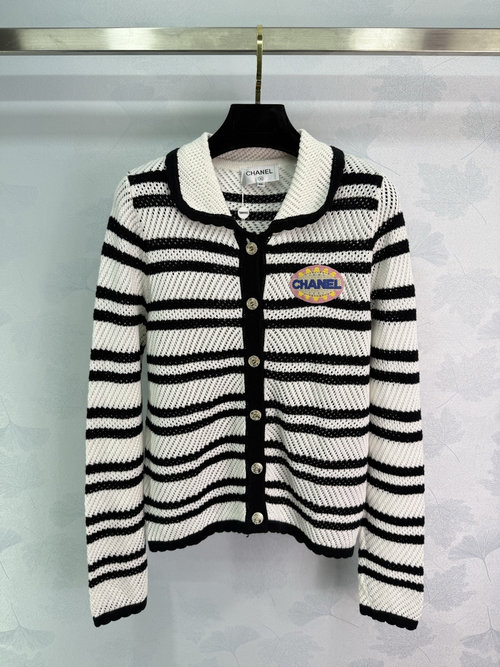Chanel Flip-Collar Striped Knit Cardigan with Logo for an Elegant Look