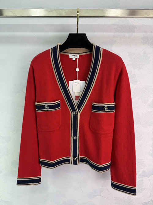 Chanel Stripe Collision V-Neck Knit Cardigan with Double C Buttons