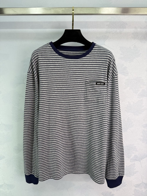Miu Miu Striped Cotton Long Sleeve Tee with Contrast Trim and Pocket