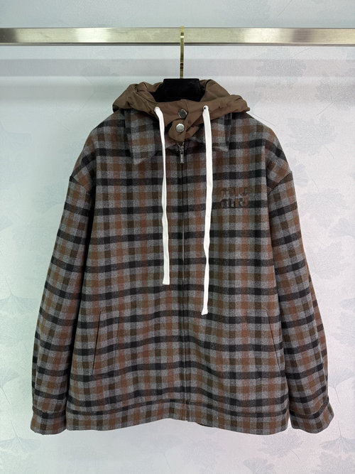 Miu Miu Detachable Hood Classic Checkered Coat with Custom Logo