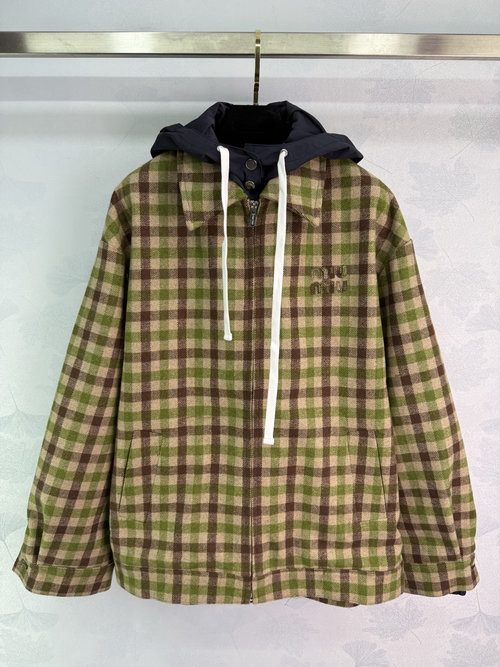 Miu Miu Detachable Hood Classic Checkered Coat with Custom Logo