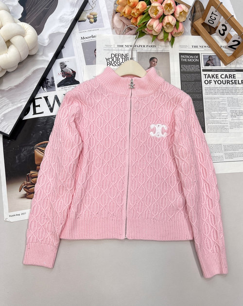 Celine Gentle Milk-colored Zip-up Cardigan with Arc de Triomphe Logo