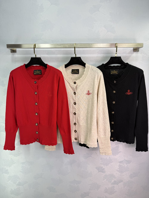 Vivienne Westhood Round-Neck Knit Cardigan with Wave Edge and Logo, Fashionable