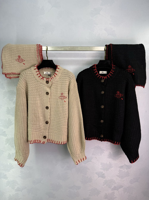 Vivienne Westhood Knitted Cardigan and Scarf Set with Red Trim and Logo Embroidery