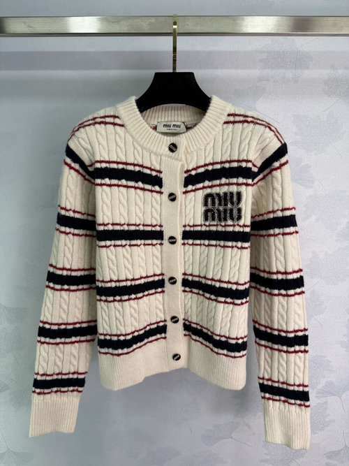 Miu Miu Striped Knitted Cardigan with Rhinestone Logo for an Academic Look