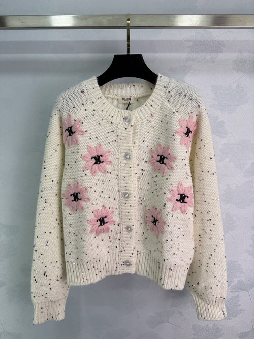 Celine Pink Flower and Sequins Embellished Knit Cardigan