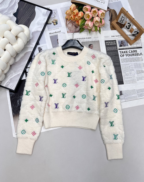 Louis Vuitton Chic Quilted Wool Blend Sweater with Colorful Letter Embroidery, Crew Neck