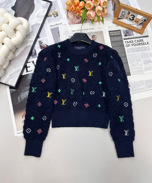 Louis Vuitton Colorful Letter Embroidery Round-Neck Wool Blouse with Classic Rhombus Design