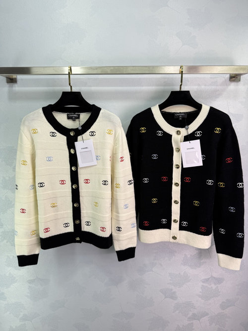 Chanel Embroidered Double C Round-Neck Long-Sleeve Cardigan